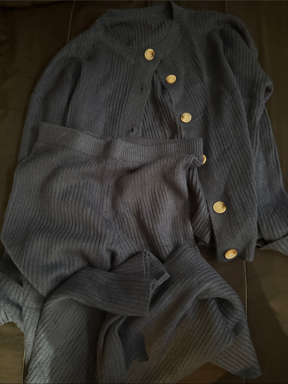 Navy Ribbed Knit Cardigan and Pants Set